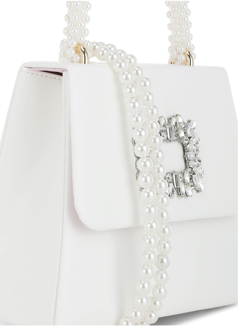 Pearl Top-Handle Diamante Brooch Bag in White