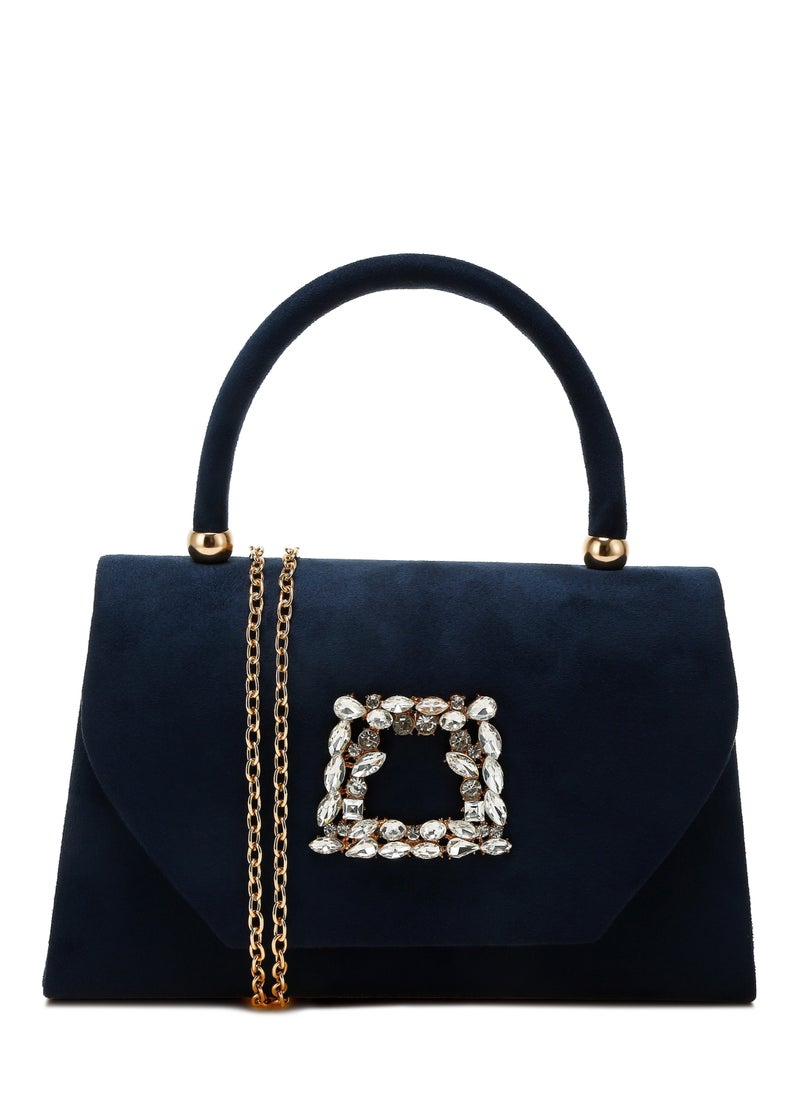 Mini Top Handle Brooch Bag in Navy