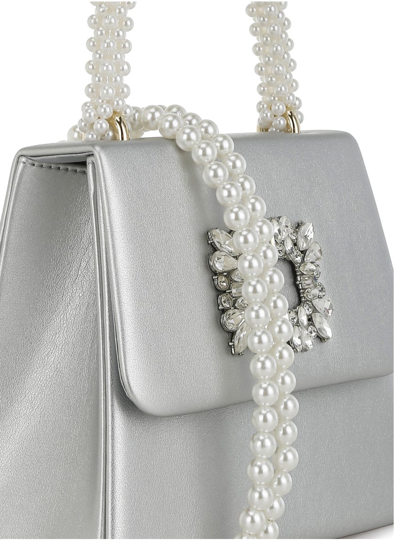 Pearl Top-Handle Diamante Brooch Bag in Silver