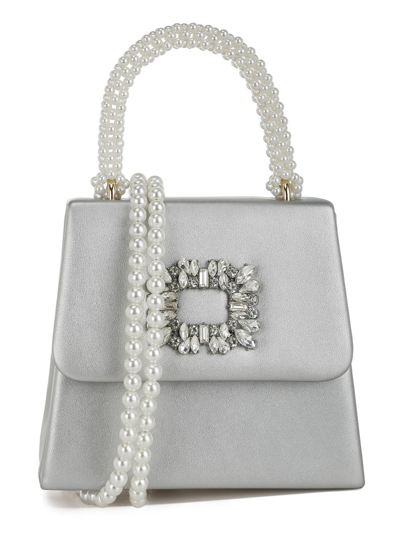 Pearl Top-Handle Diamante Brooch Bag in Silver