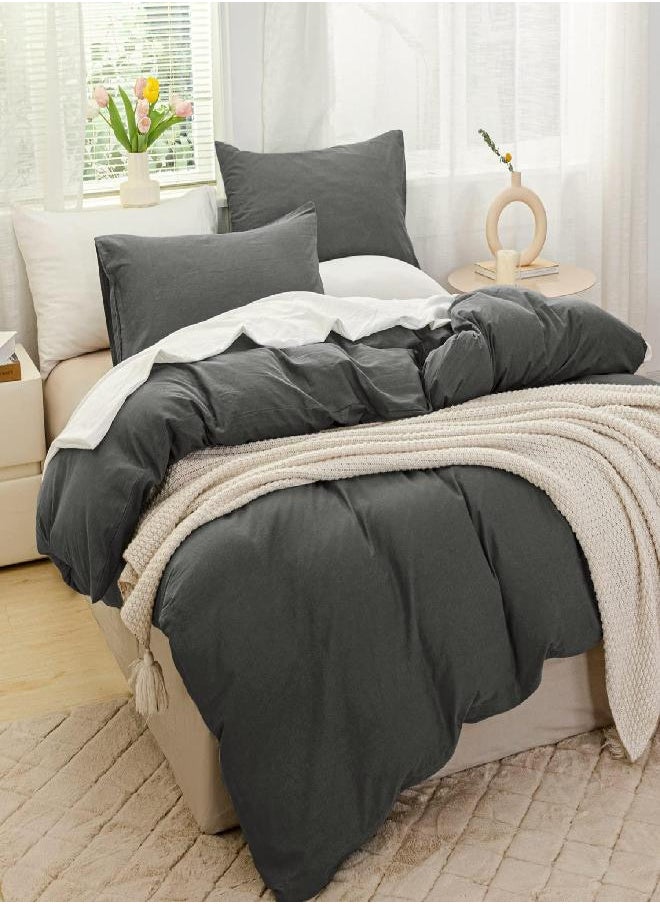 JELLYMONI Grey 100% Washed Cotton Duvet Cover Set, 2 Pieces Luxury Soft Bedding Set with Zipper Closure. Solid Color Pattern Duvet Cover Twin Size(No Comforter)