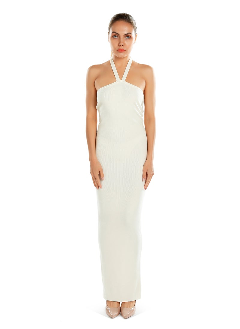 Halter Neck Bodycon Maxi Dress in Cream