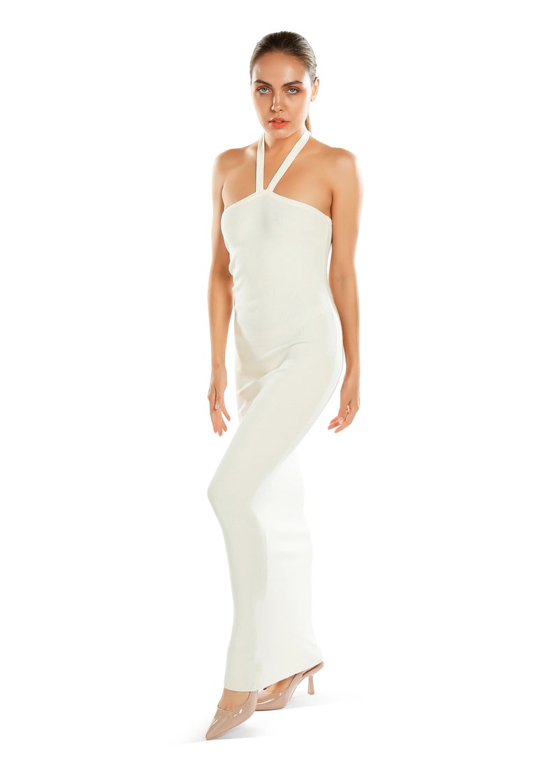 Halter Neck Bodycon Maxi Dress in Cream