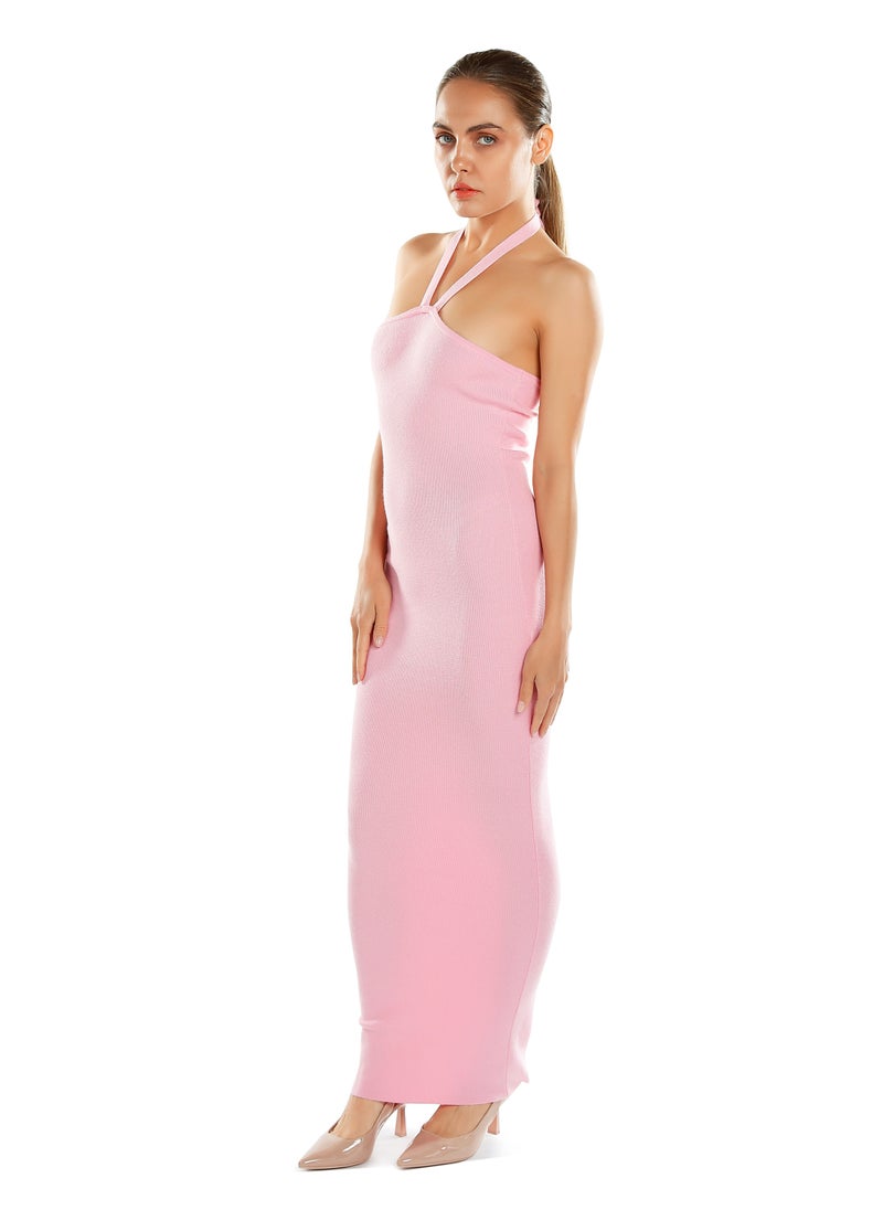 Halter Neck Bodycon Maxi Dress in Pink