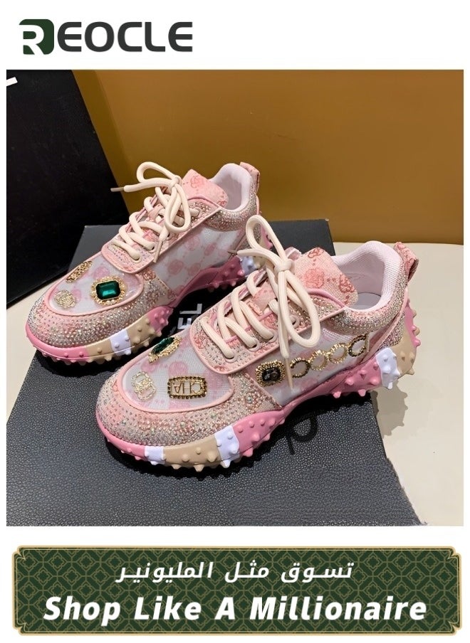 Women's Chunky Sneakers with Rhinestone New Thick Soled Casual Sports Mesh Shoes Casual Comfortable Lace Up Walking Sneakers