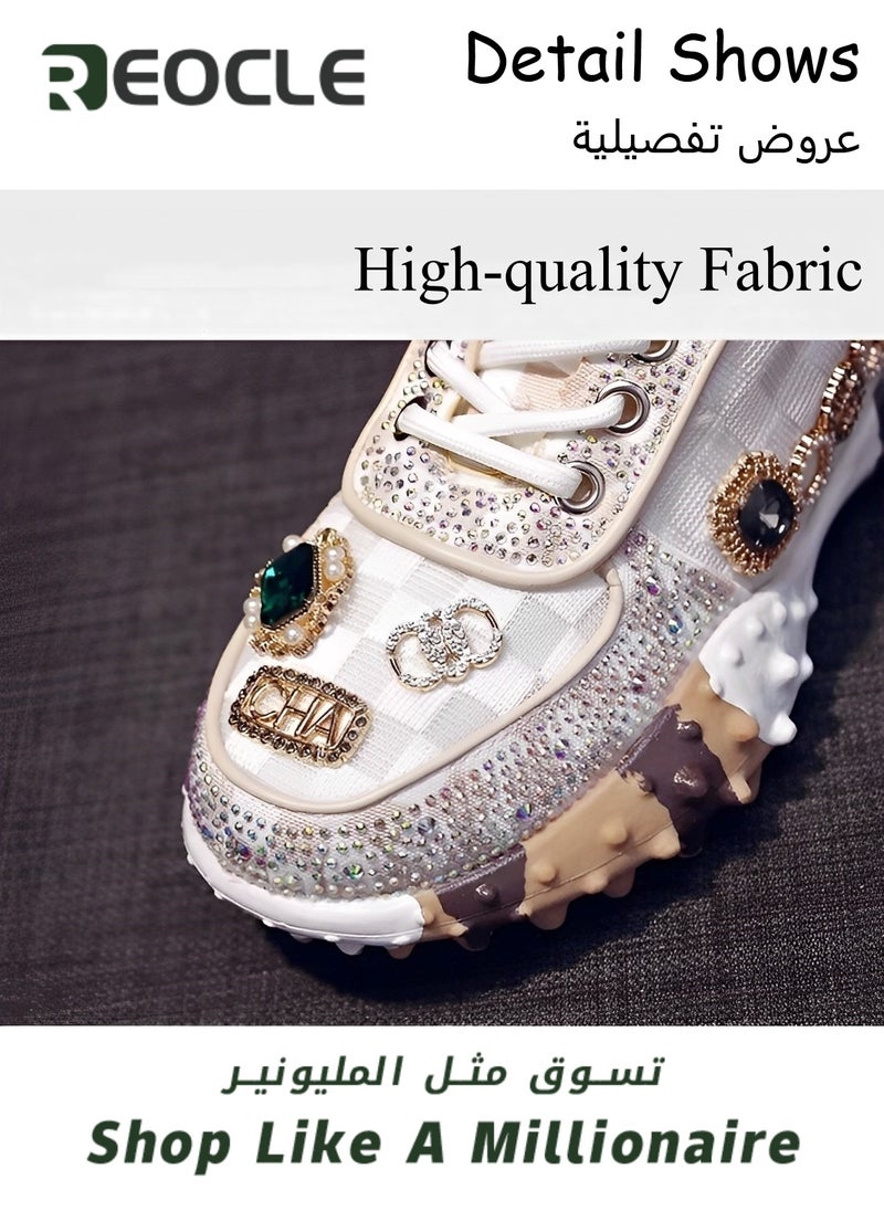 Women's Chunky Sneakers with Rhinestone New Thick Soled Casual Sports Mesh Shoes Casual Comfortable Lace Up Walking Sneakers