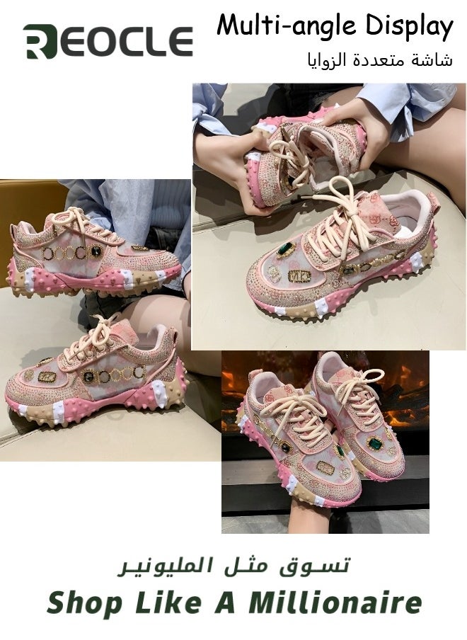 Women's Chunky Sneakers with Rhinestone New Thick Soled Casual Sports Mesh Shoes Casual Comfortable Lace Up Walking Sneakers