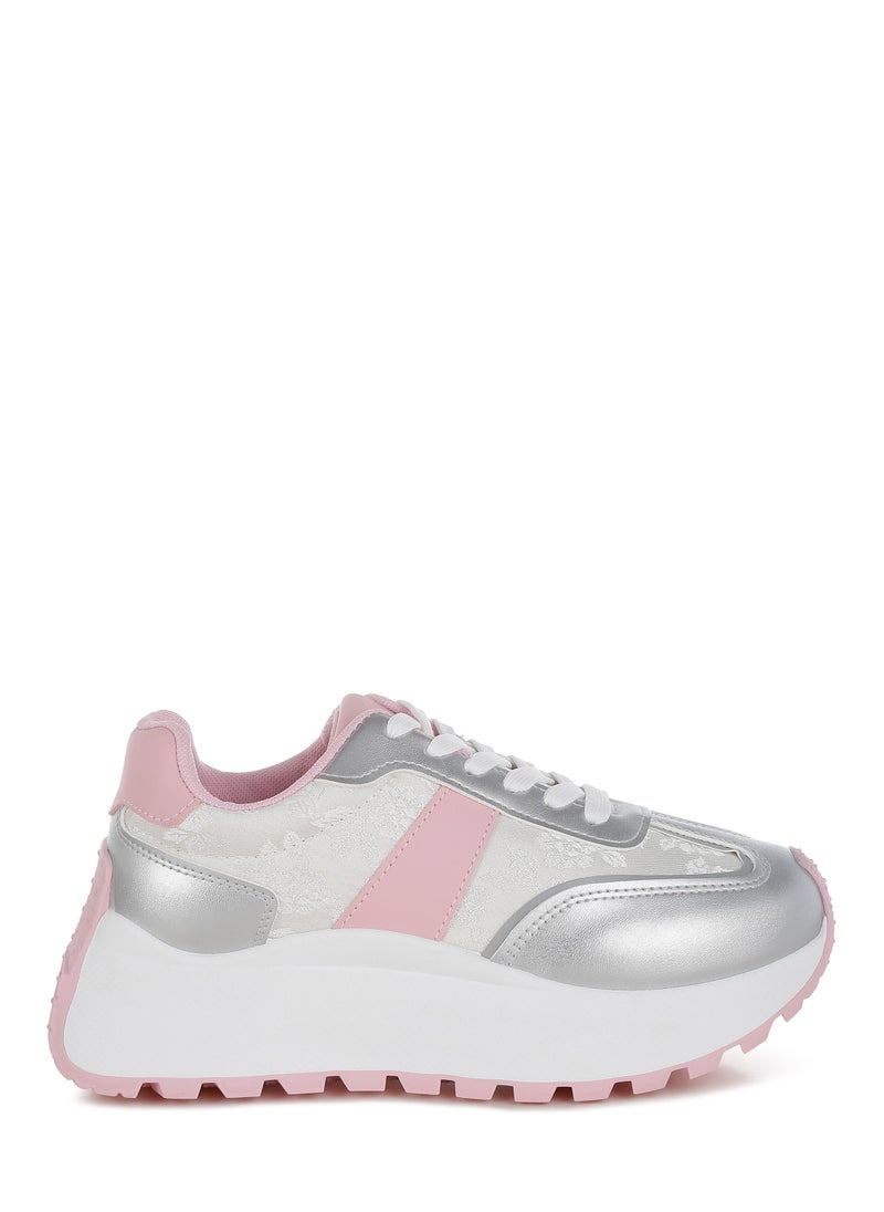 Print Embroidery Detail Metallic Sneakers in Silver and Pink