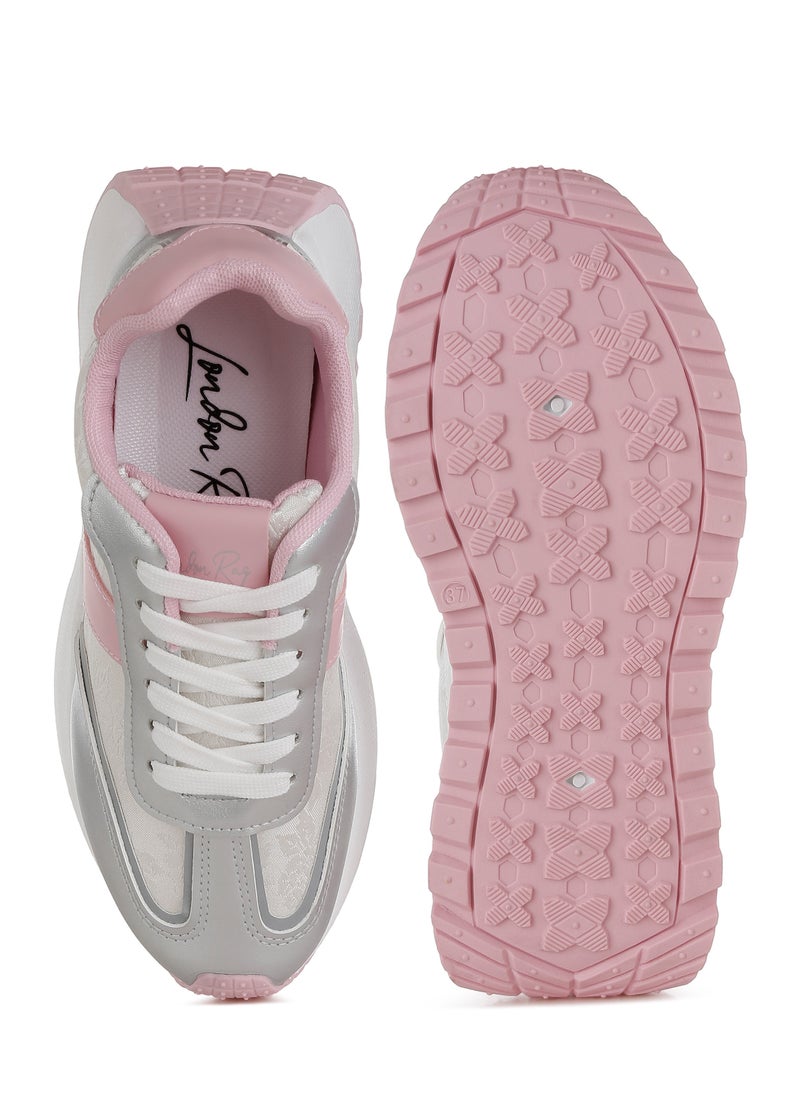 Print Embroidery Detail Metallic Sneakers in Silver and Pink