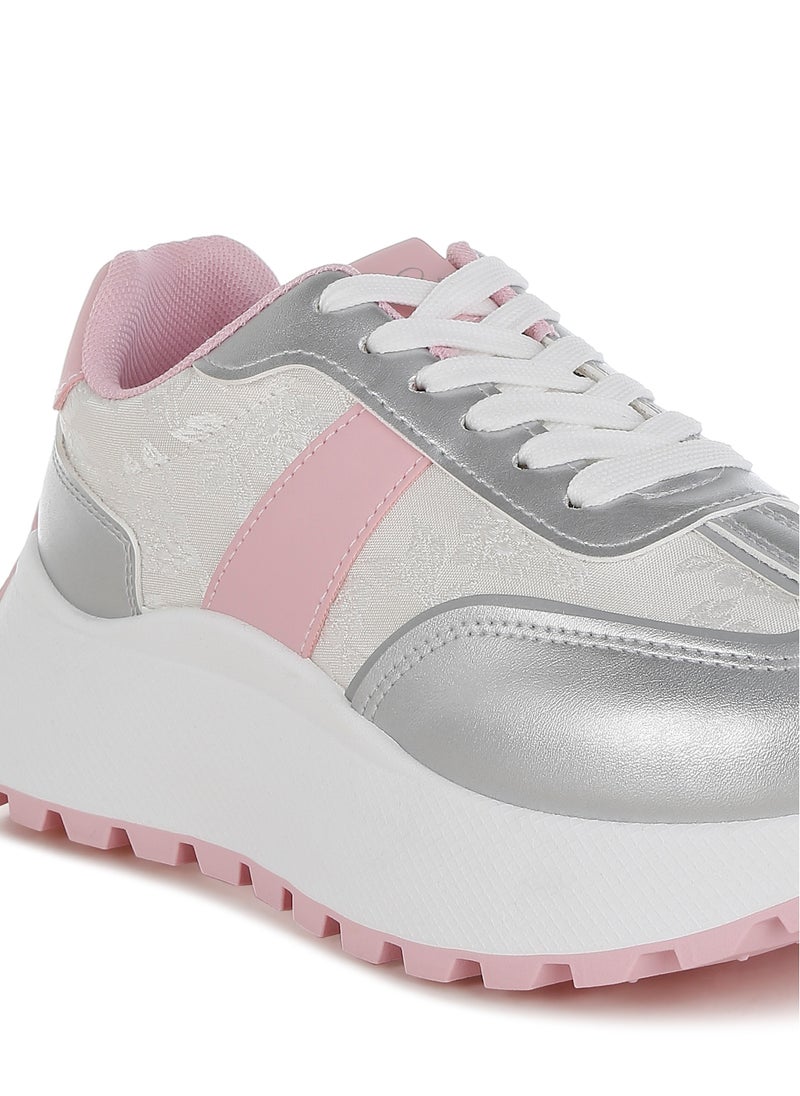 Print Embroidery Detail Metallic Sneakers in Silver and Pink