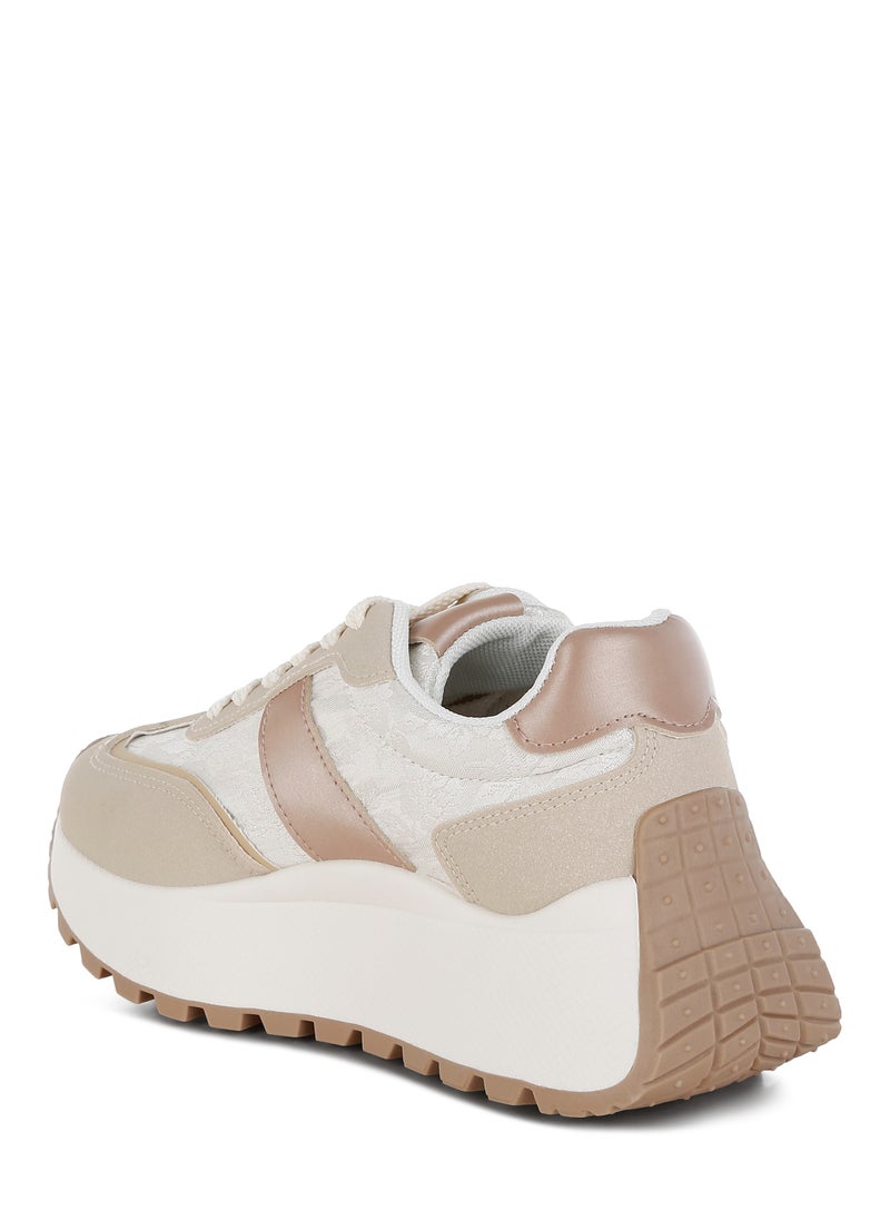 Chunky Anti-Skid Lace-Up Sneakers in Beige