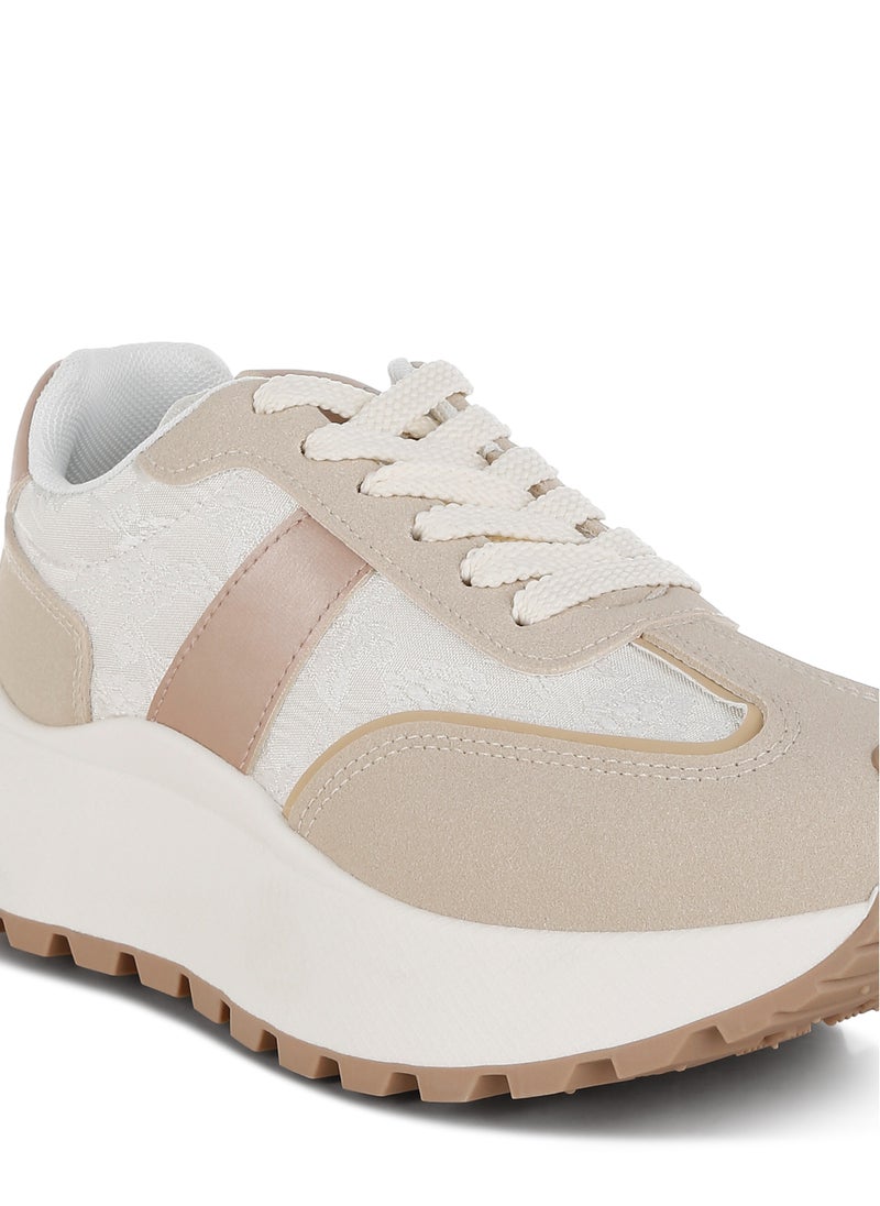 Chunky Anti-Skid Lace-Up Sneakers in Beige