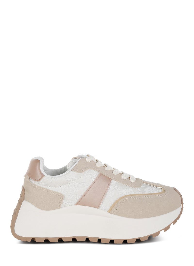 Chunky Anti-Skid Lace-Up Sneakers in Beige