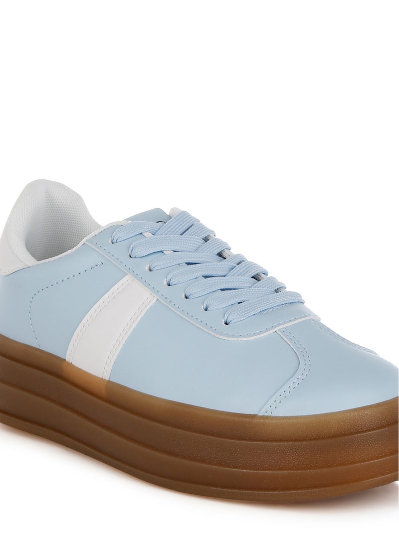 Faux Leather Lace-Up Sneakers in Light Blue