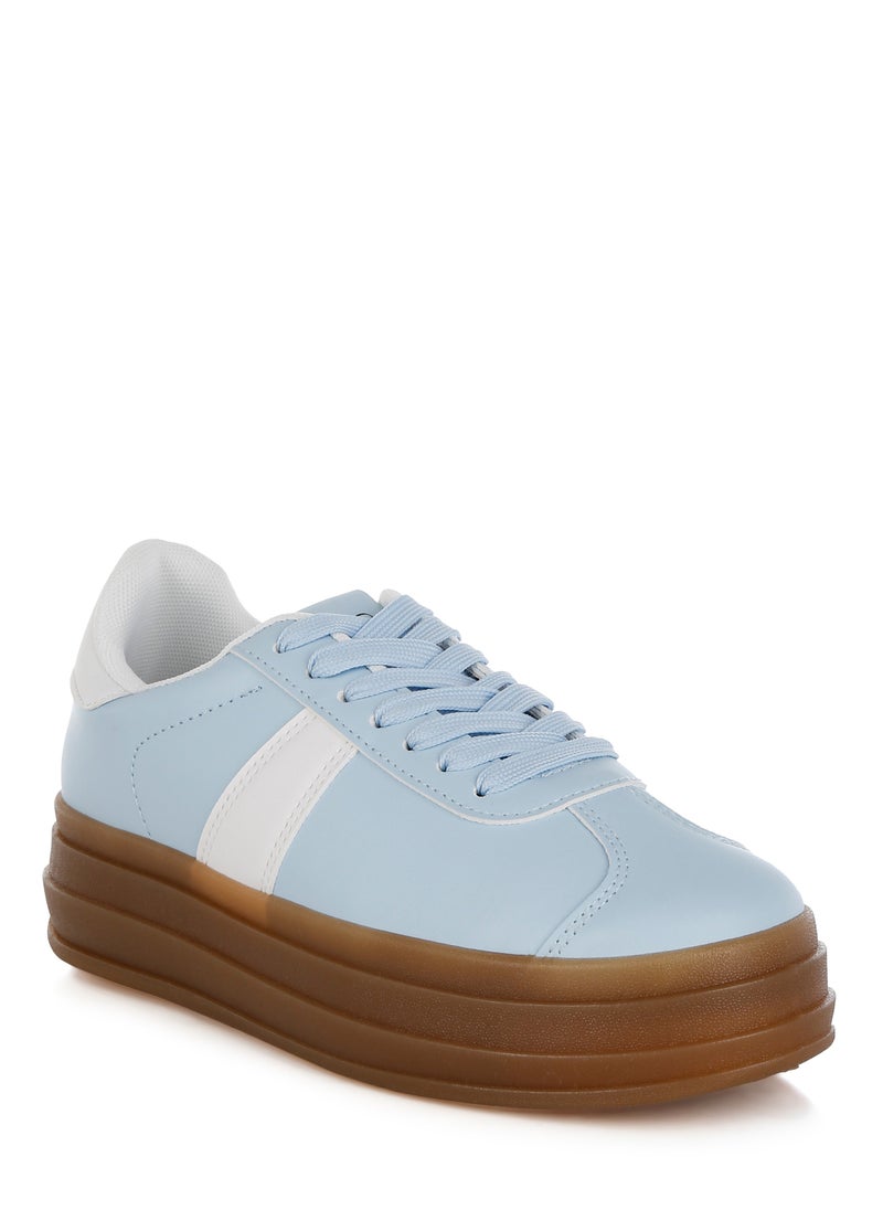 Faux Leather Lace-Up Sneakers in Light Blue