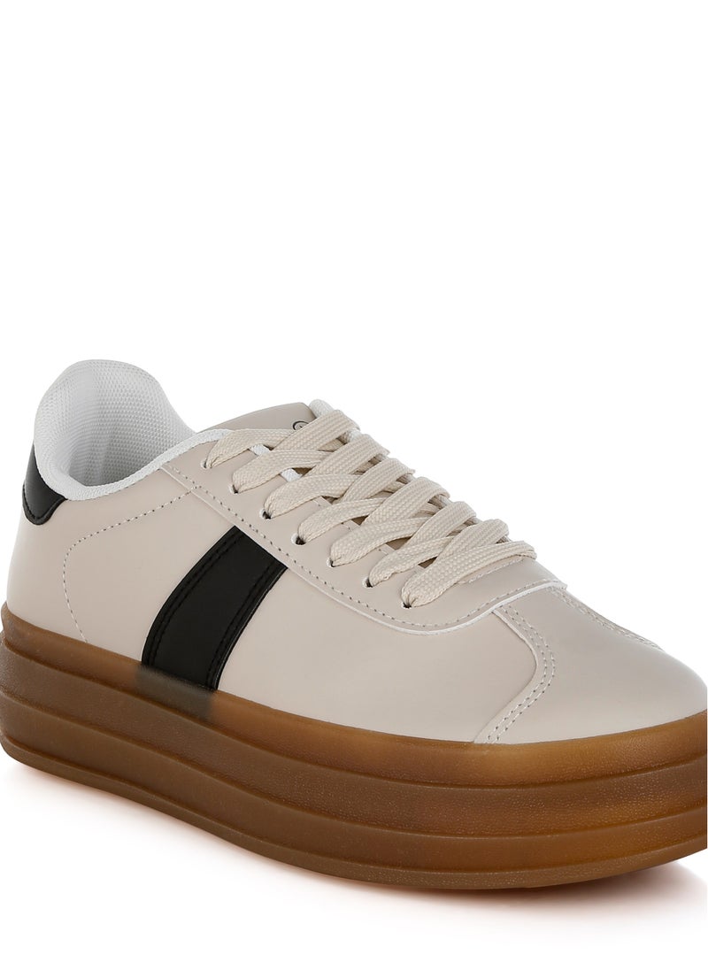 Faux Leather Lace-Up Sneakers in Off White