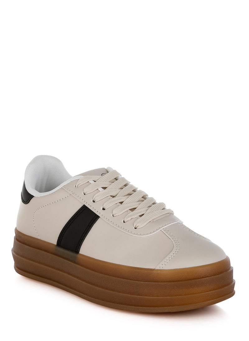 Faux Leather Lace-Up Sneakers in Off White