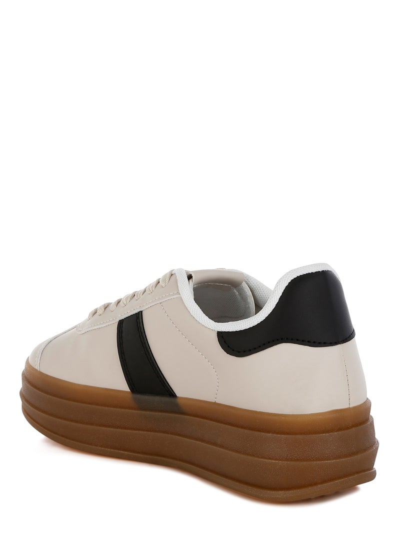 Faux Leather Lace-Up Sneakers in Off White