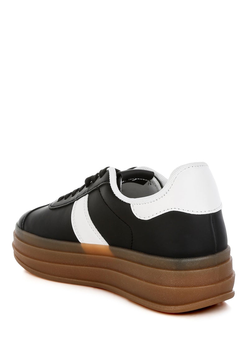 Faux Leather Lace-Up Sneaker in Black