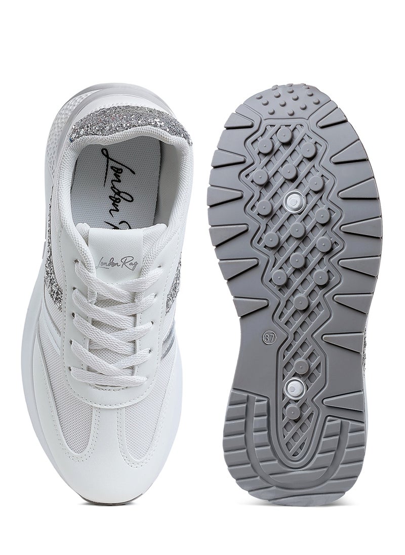 Chunky Anti-Skid Lace-Up Sneakers in White and Silver