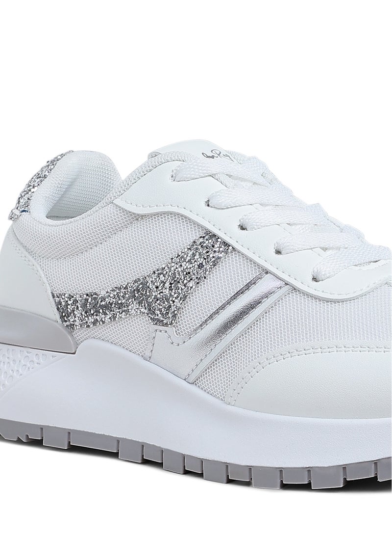 Chunky Anti-Skid Lace-Up Sneakers in White and Silver