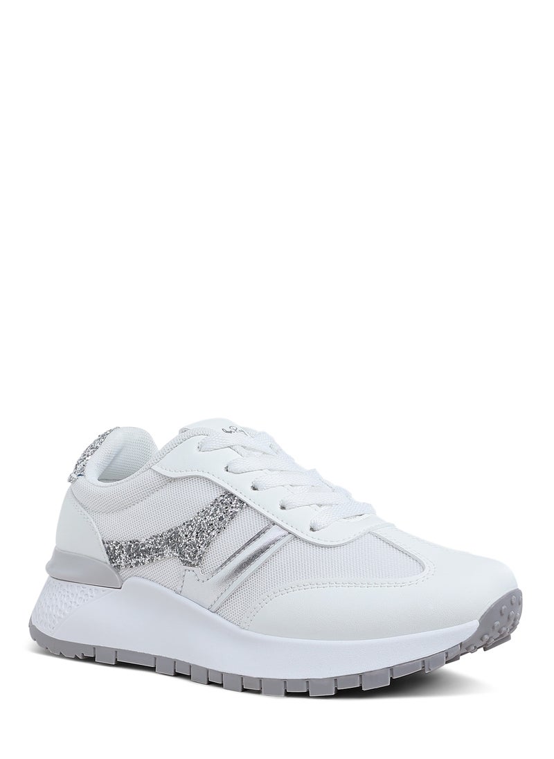 Chunky Anti-Skid Lace-Up Sneakers in White and Silver