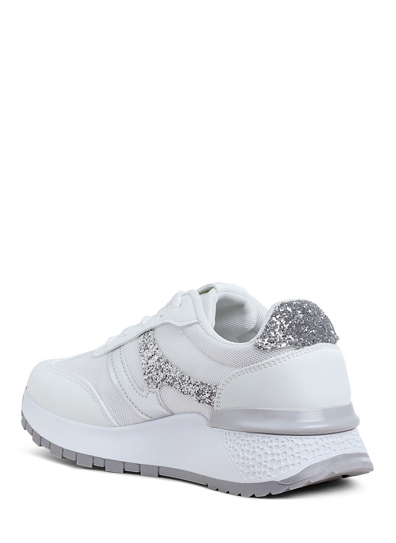 Chunky Anti-Skid Lace-Up Sneakers in White and Silver