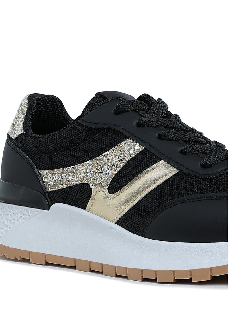 Glitter Detail Chunky Sneakers in Black and Gold