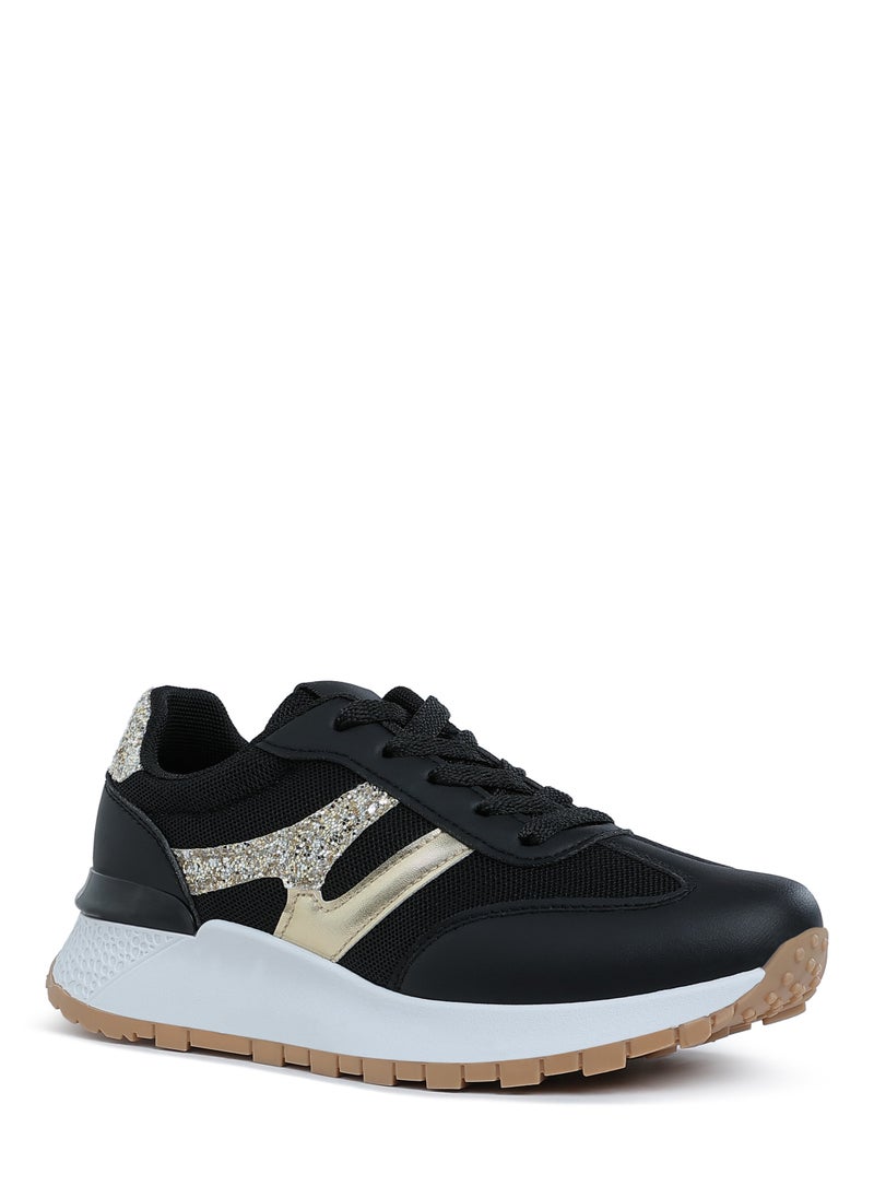 Glitter Detail Chunky Sneakers in Black and Gold