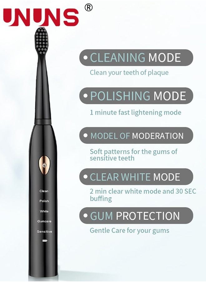 Ultrasonic Electric Toothbrush,5 Modes USB Rechargeable Smart Toothbrush,4 Replacement Brush Heads,Built-in 2-Minute Smart Timer,Black