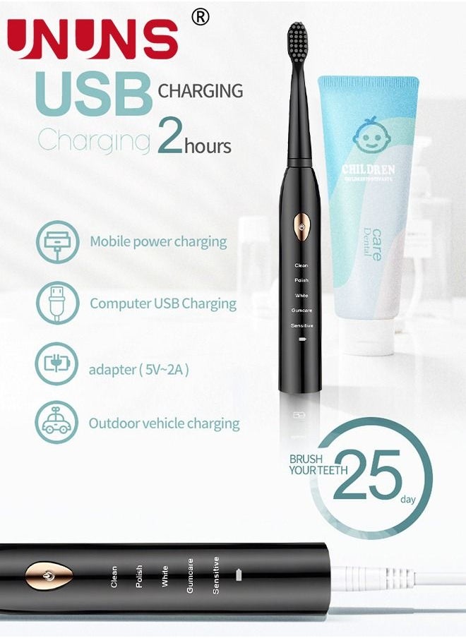 Ultrasonic Electric Toothbrush,5 Modes USB Rechargeable Smart Toothbrush,4 Replacement Brush Heads,Built-in 2-Minute Smart Timer,Black