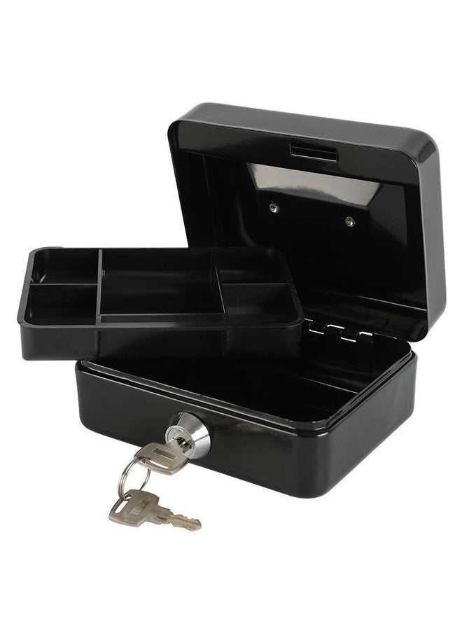 Portable Money Safe Box with Tray And Lock Black 20 x 17.5 x 9centimeter，Locking Steel Mini Cash Box with Removable Coin Tray and Key Lock for Kids