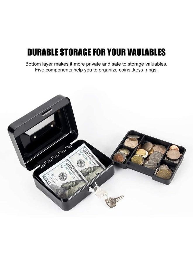 Portable Money Safe Box with Tray And Lock Black 20 x 17.5 x 9centimeter，Locking Steel Mini Cash Box with Removable Coin Tray and Key Lock for Kids