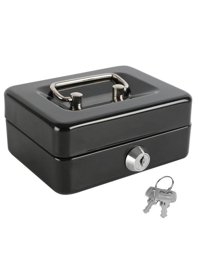 Portable Money Safe Box with Tray And Lock Black 20 x 17.5 x 9centimeter，Locking Steel Mini Cash Box with Removable Coin Tray and Key Lock for Kids