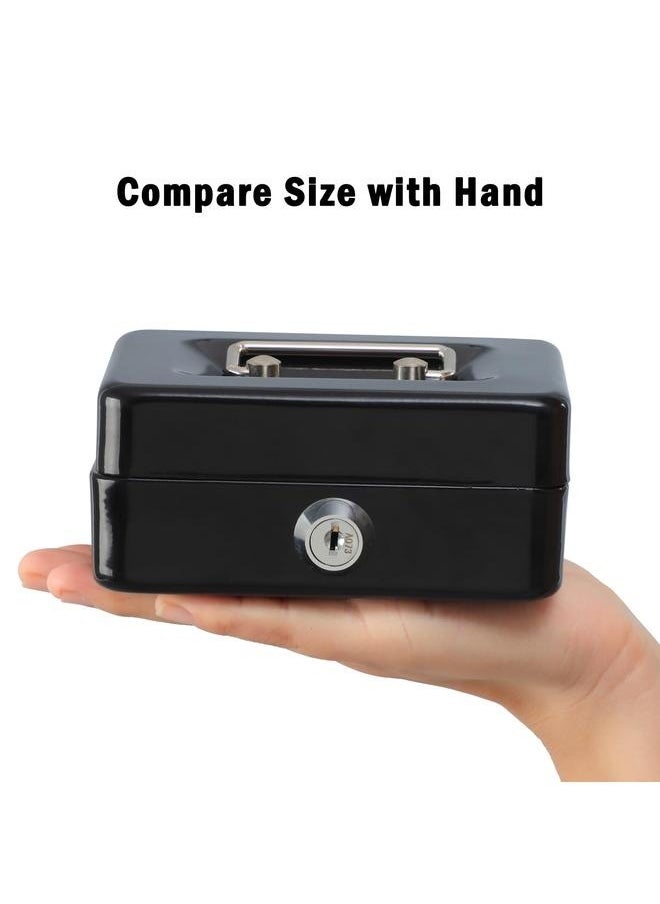 Portable Money Safe Box with Tray And Lock Black 20 x 17.5 x 9centimeter，Locking Steel Mini Cash Box with Removable Coin Tray and Key Lock for Kids