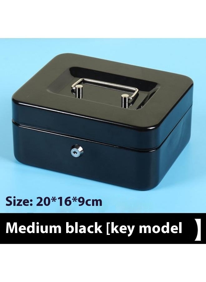 Portable Money Safe Box with Tray And Lock Black 20 x 17.5 x 9centimeter，Locking Steel Mini Cash Box with Removable Coin Tray and Key Lock for Kids