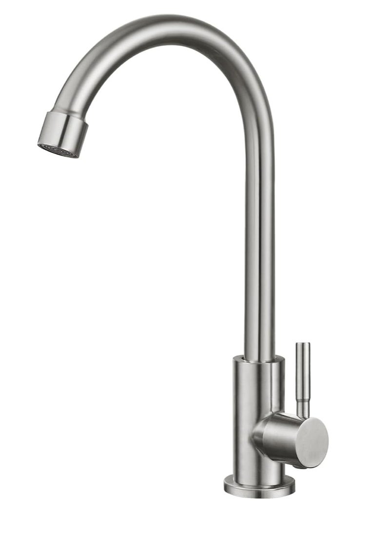 Brushed Nickel Kitchen Faucet Cold Water Only 1 Hole Single Handle 360 Degree Swivel Spout Deck Mount High Arc SUS304 Stainless Steel Sink Bar Tap Goose Neck with Hose(Drain Not Included)