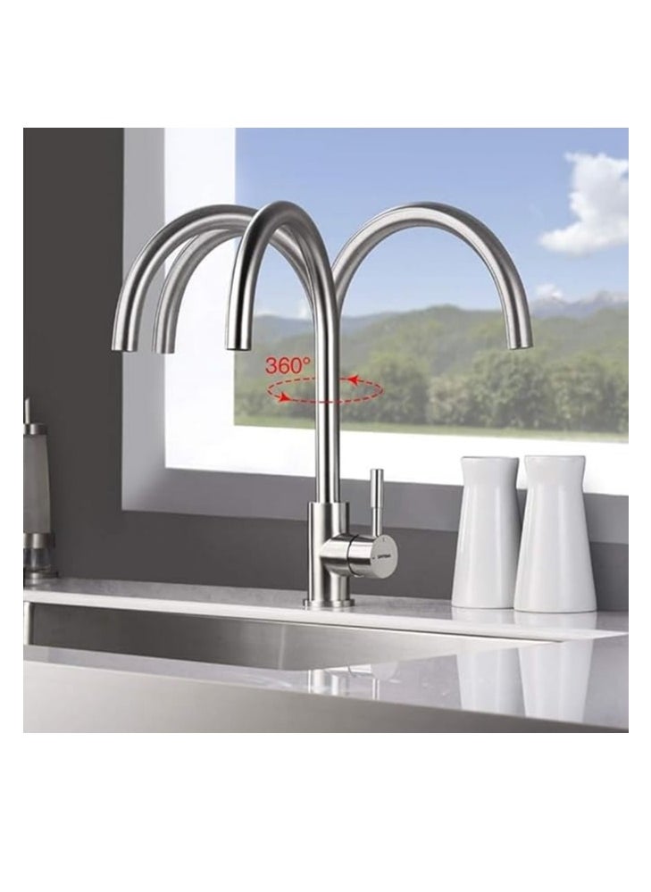 Kitchen Sink Taps Mixer 1 Hole, Single Lever 360° Swivel High Spout for Kitchen Sink with UK Standard Fittings, Chrome, Silver
