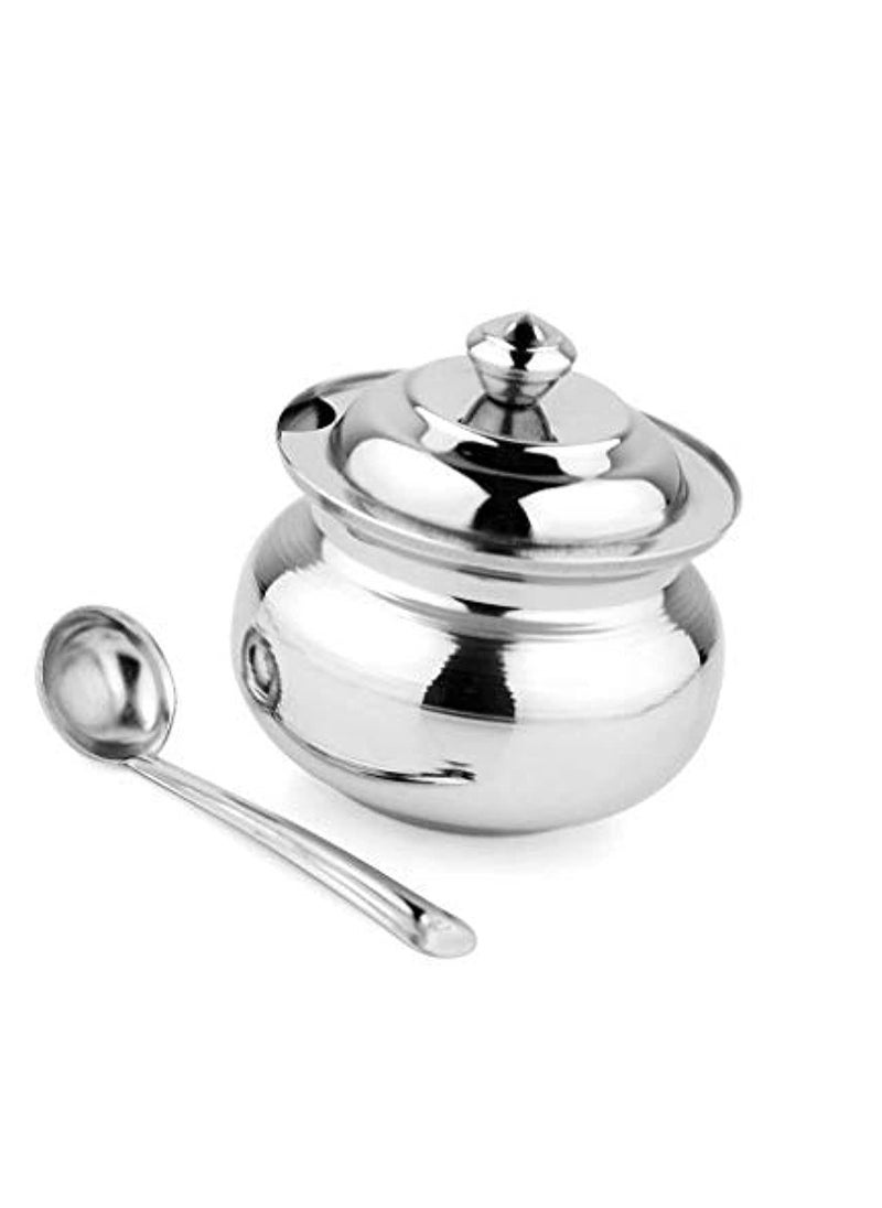 Stainless Steel Ghee Pot/Jar With Spoon- 300Ml, 1 Piece, Silver