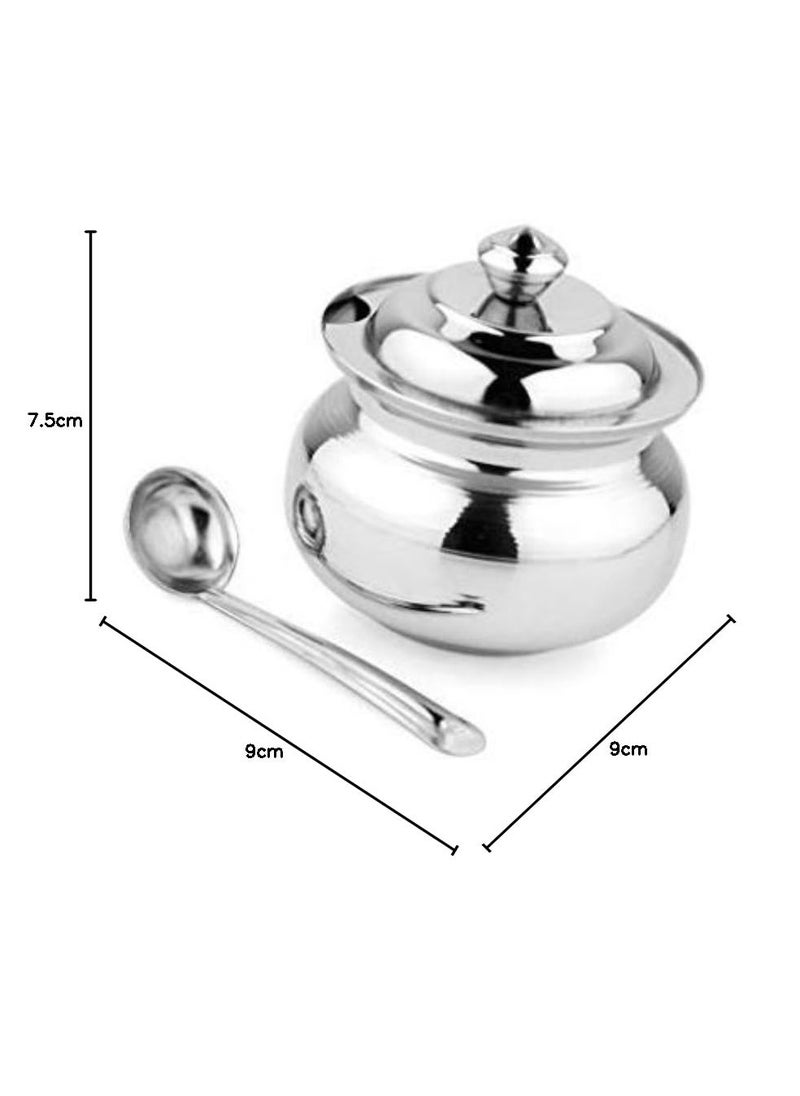 Stainless Steel Ghee Pot/Jar With Spoon- 300Ml, 1 Piece, Silver