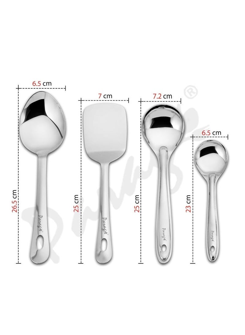 Parage Stainless Steel Kitchen Tools Set for Kitchen Cooking and Serving, Pack of 4, Serving Spoon, Turner/Spatula (Palta), Basting and Rice Spoon, Silver (Size: 26.5 cms, 25 cms x 2, 23 cms)