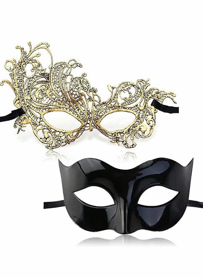 Masquerade Mask For Couples, Mardi Gras Venetian Side Flower Mask, Ball Masks, Metal Prom Women Men (2 PCS)