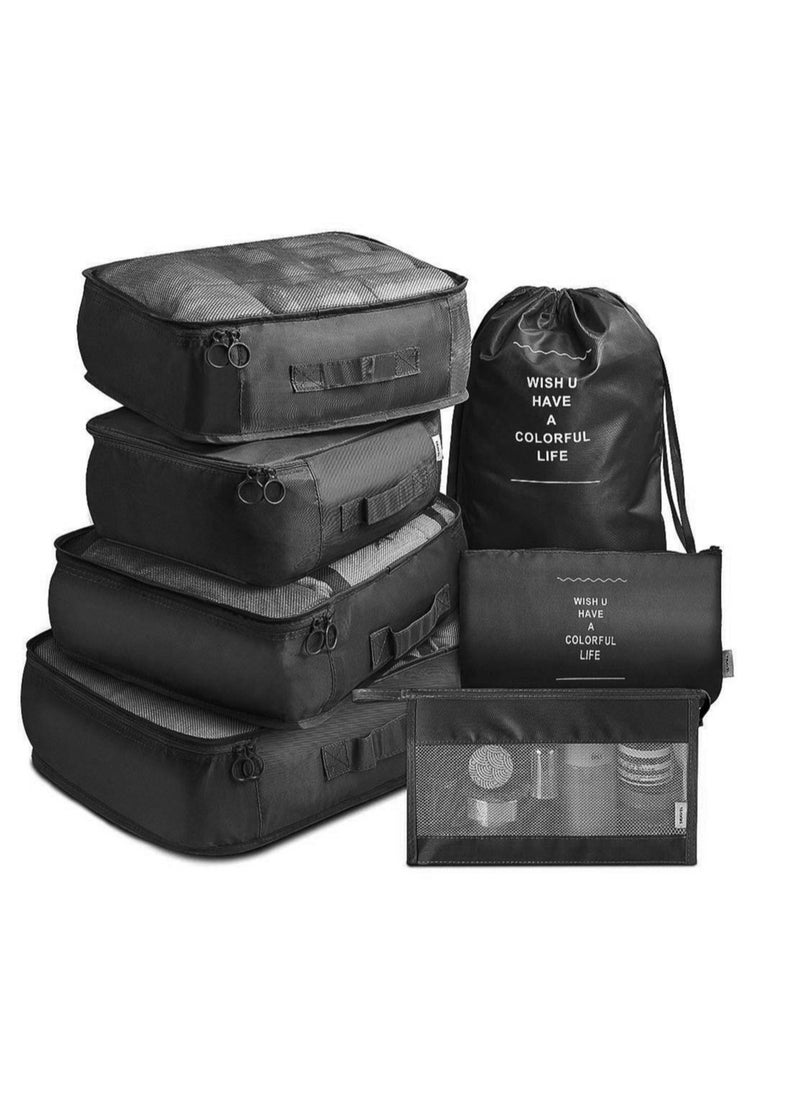 7Pcs Set Travel Organizer Storage Bags Suitcase Packing Set Storage Cases Portable Luggage Organizer Clothes Shoe Tidy Pouch Bag Traveling Accessories - Black