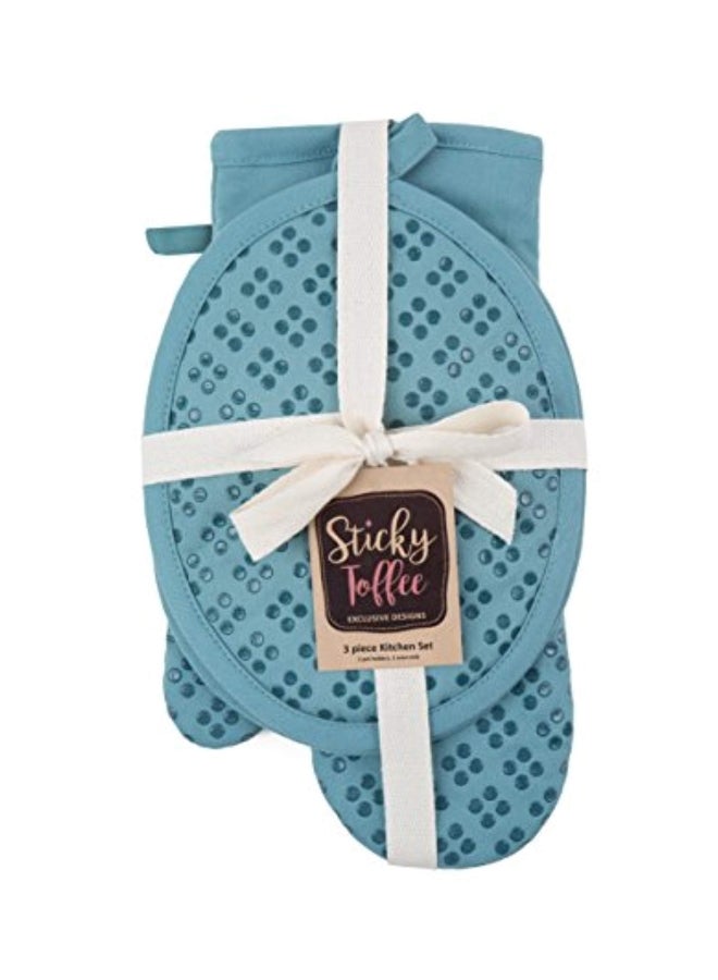 3-Piece Toffee Printed Oven Mitt And Pot Holder Set Blue