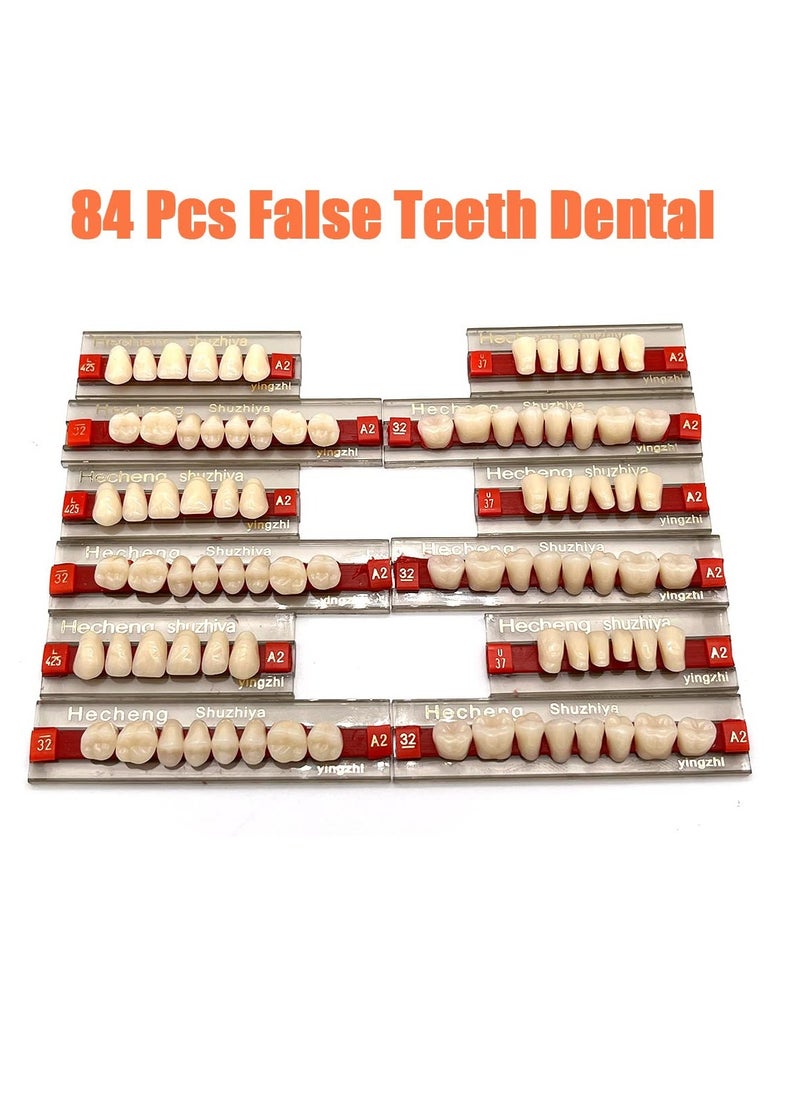 84 Pcs False Teeth Dental Complete Acrylic Resin Denture Teeth, 3 Sets Whole Teeth Synthetic Polymer Denture Tooth, 23 Shade A2 Upper + Lower Dental Materials for Replacement, DIY or Halloween