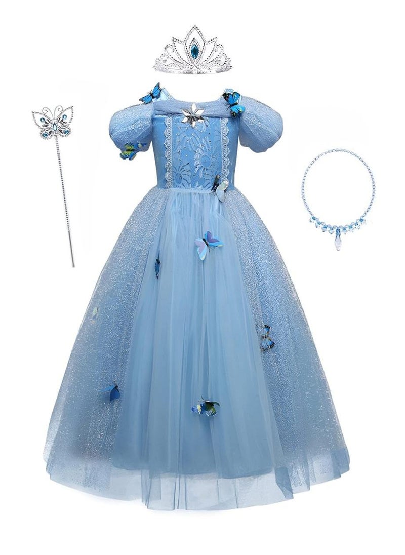 Girls Princess Blue Dress Costume with Free Accessories - Birthday Party Cosplay Outfit for Kids (90-130cm, 5-6 Years)