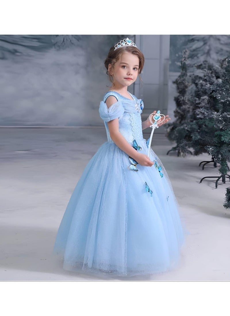 Girls Princess Blue Dress Costume with Free Accessories - Birthday Party Cosplay Outfit for Kids (90-130cm, 5-6 Years)