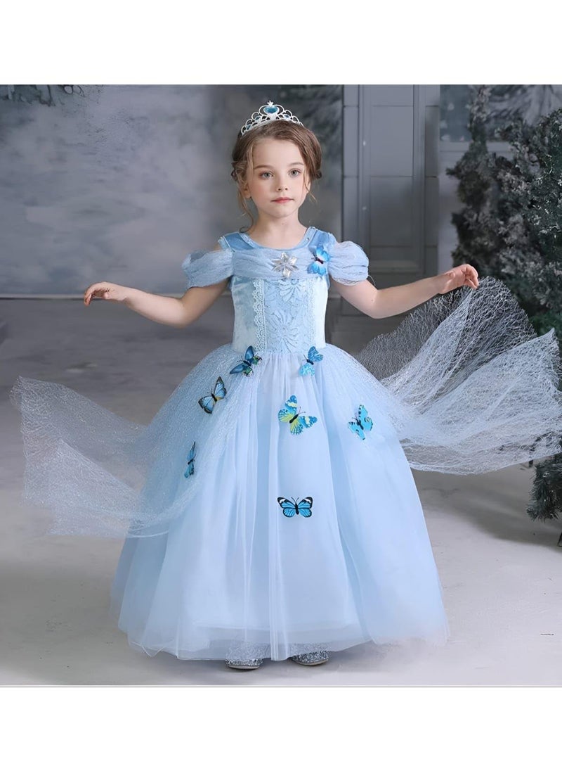 Girls Princess Blue Dress Costume with Free Accessories - Birthday Party Cosplay Outfit for Kids (90-130cm, 5-6 Years)