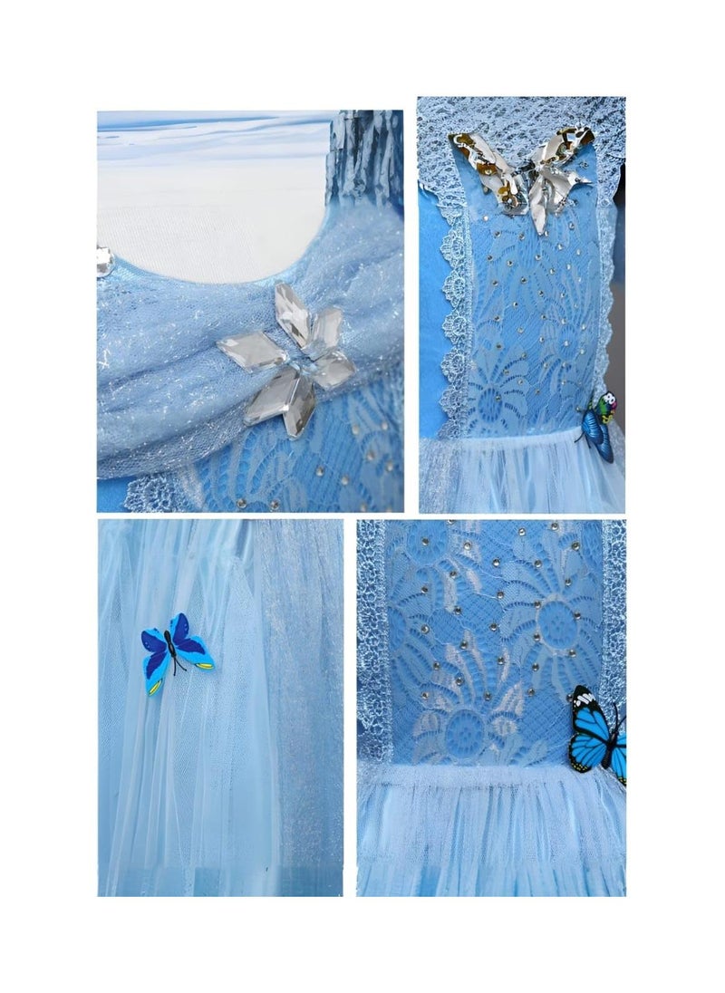 Girls Princess Blue Dress Costume with Free Accessories - Birthday Party Cosplay Outfit for Kids (90-130cm, 5-6 Years)