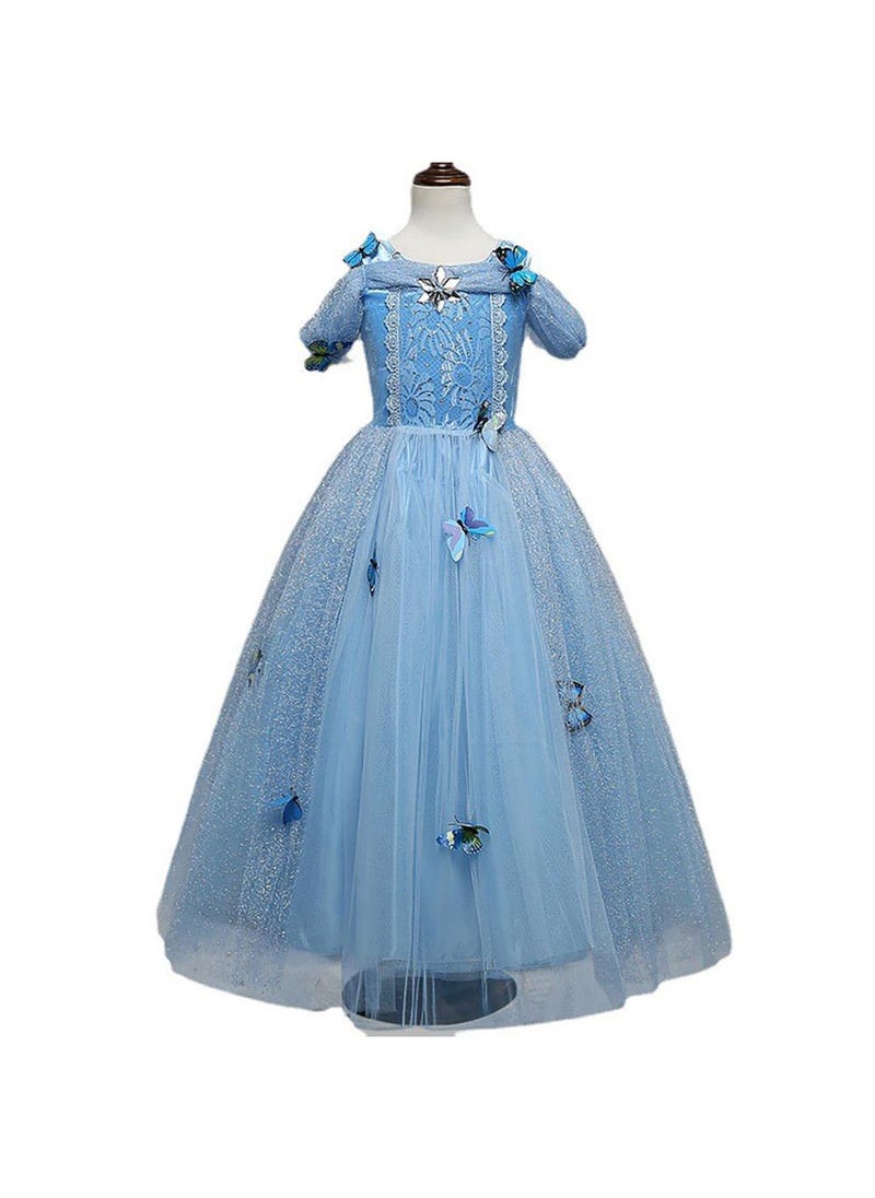 Girls Princess Blue Dress Costume with Free Accessories - Birthday Party Cosplay Outfit for Kids (90-130cm, 5-6 Years)